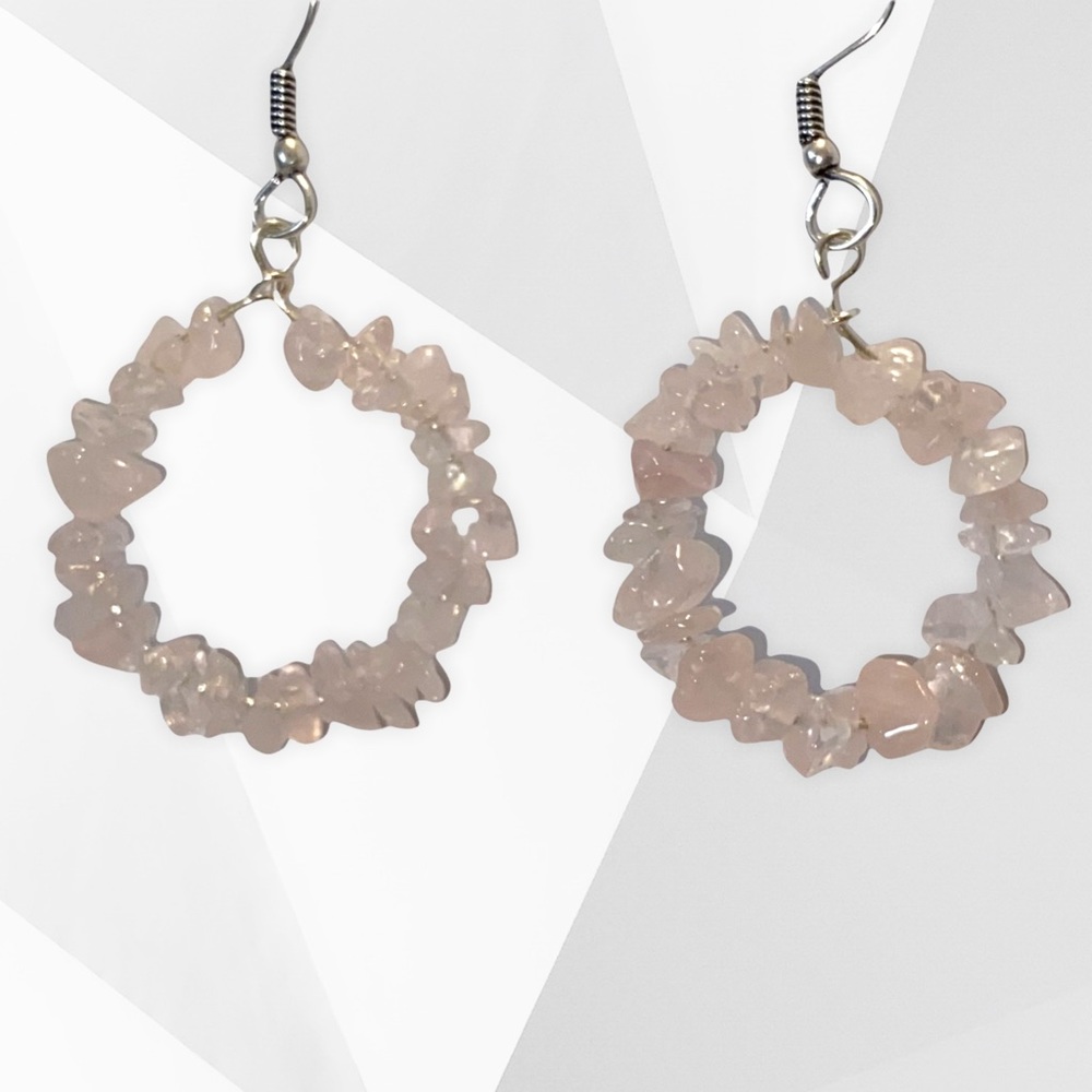 Hand Crafted Rose Quartz Chip Earrings Dangle Hoop Pink Stones Boho Pierced - Picture 1 of 7